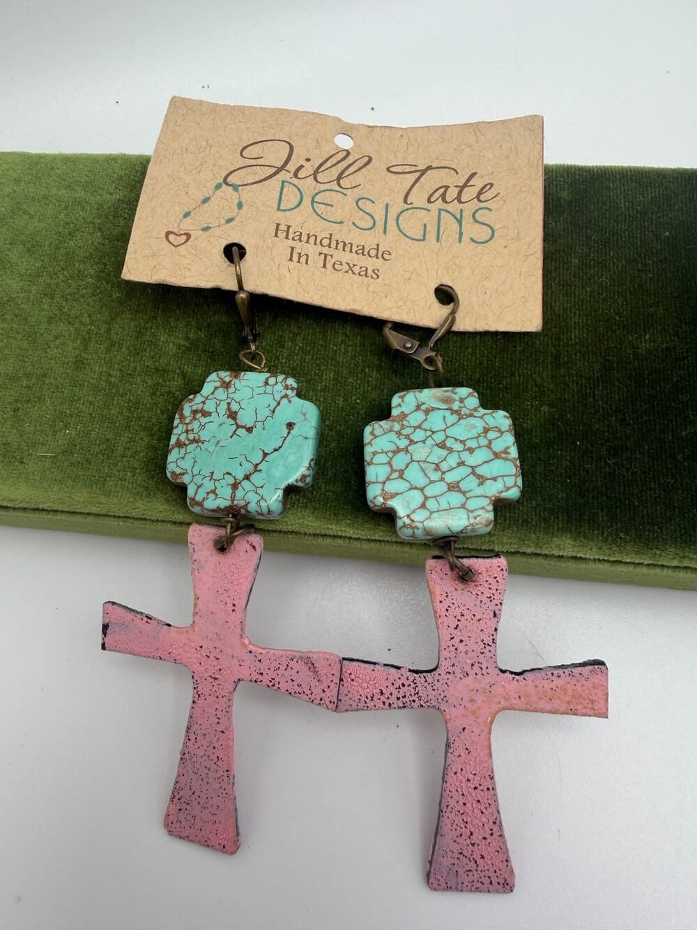 handmade turquoise and pink cross drop earrings by Jill Tate Designs